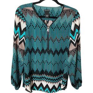 New Directions Womens Medium Green/Black Stripe 3/4 Zip Stretch Tunic Top EUC